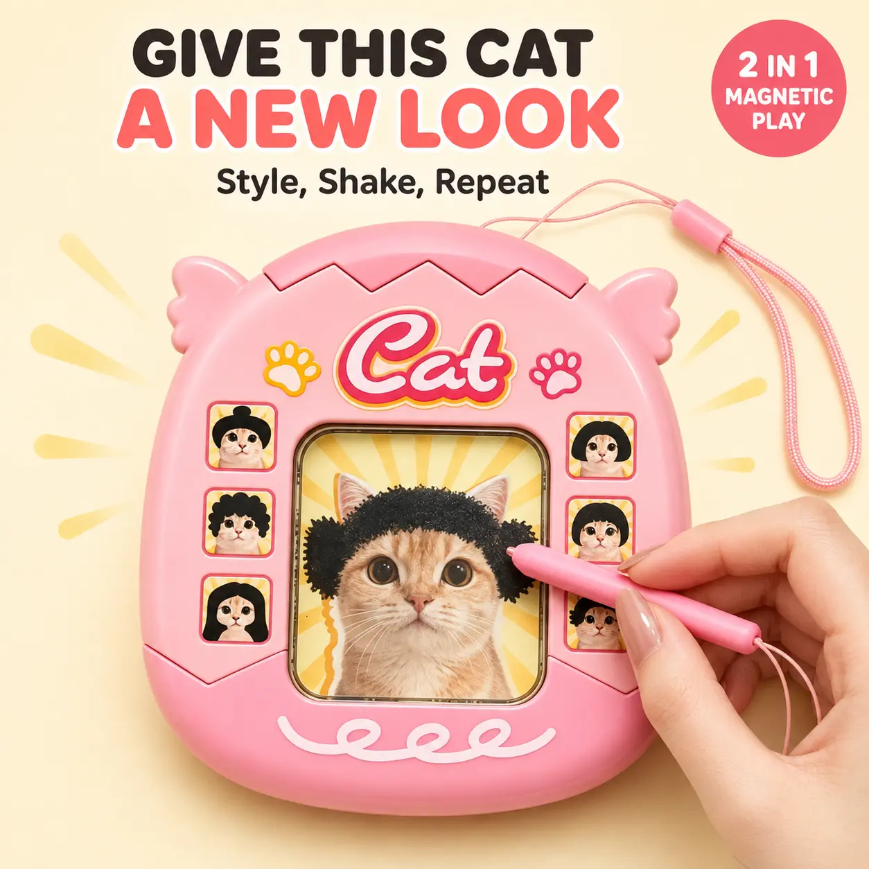 Cat Hairstyle Magnetic Drawing Board, 2 in 1 Double Sided Reusable Magnetic Bead Doodle Board with Attached Stylus, Funny Desk Fidget Toy and Stress Relief Gift for Cat Lovers