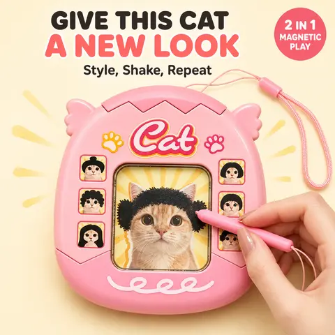 Cat Hairstyle Magnetic Drawing Board, 2 in 1 Double Sided Reusable Magnetic Bead Doodle Board with Attached Stylus, Funny Desk Fidget Toy and Stress Relief Gift for Cat Lovers
