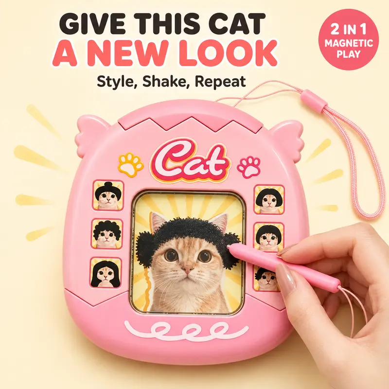 Cat Hairstyle Magnetic Drawing Board, 2 in 1 Double Sided Reusable Magnetic Bead Doodle Board with Attached Stylus, Funny Desk Fidget Toy and Stress Relief Gift for Cat Lovers