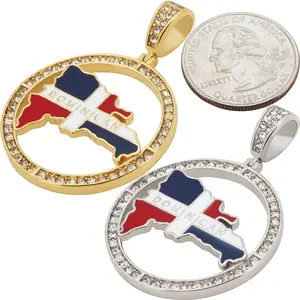 316L Stainless Steel 18k Yellow Gold Plated AAA Cubic Zirconia Dominican Republic Map Flag Halo Circle Pendant