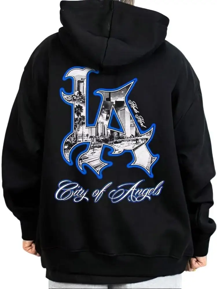Men's LA Art City Chicano Mexican Lowrider Oversized Graphic Hoodie/Sweatshirt - Medium-Heavy Cotton-Polyester Fabric, Long Sleeve, Loose, Button-Accent, Casual Tops