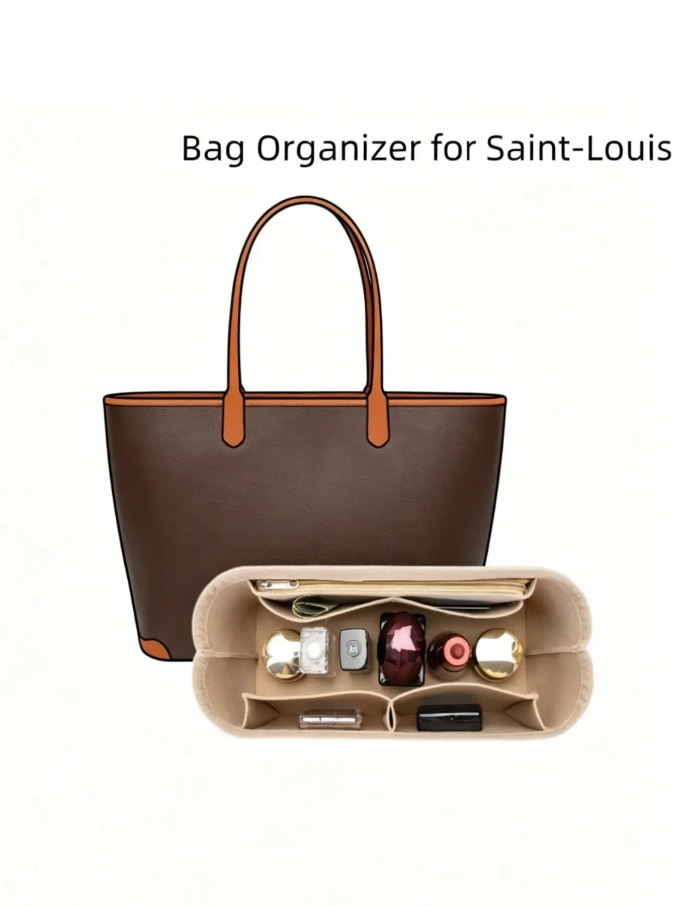 Tote Bag Organizer Insert for Ladies, Felt Handbag Organizer for Large Shoulder Bag, Purse Organizer Insert fits Saint Louis PM & GM, Purse Organization, Storage Bag for City Bag, Felt Make up Bag, Travel Bag, Inner Pouch
