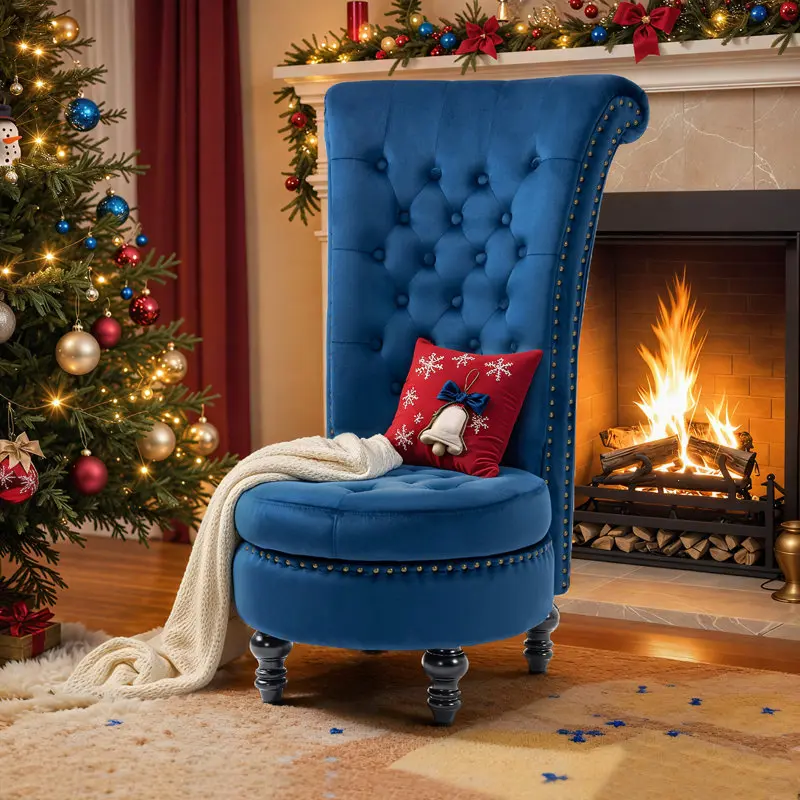 Upholstered Accent Chair with Storage & Wooden Legs, Blue Velvet High Back Chair with Nailhead Trim & Button Tufting