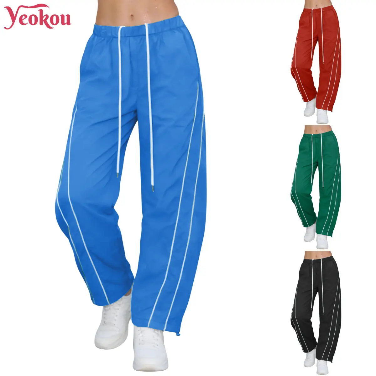 Yeokou Women's High Waisted Joggers, Breathable Color-block Lightweight Nylon Lounge Pants with Pockets and Adjustable Drawstring