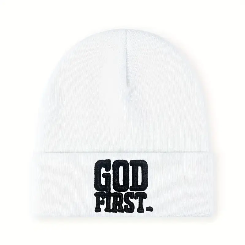 Unisex Soft Stretch Knit Beanie Hat - 1pc Christian Faith-Themed Cap with Godfirst Embroidery, Foldable Cuff, Universal Fit for Most Head Sizes, Suitable for Outdoor Use, Ideal for Beanie Hats Enthusiasts