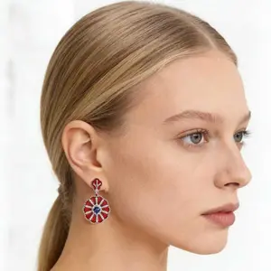Pathologos Platinum-Plated Red Enamel Flower Drop Earrings with 3mm Center Stone