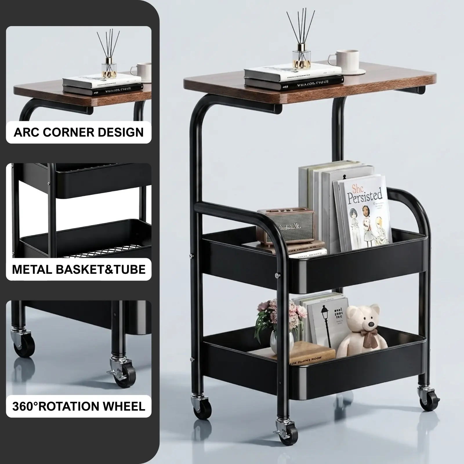 3 Tier Metal Rolling Utility Cart with Tabletop, Stable and Sturdy Rolling Storage Carts with 360 Rotation Wheel, For Small Spaces Kitchen Storage，Office Bookshelves, Bedroom, Black