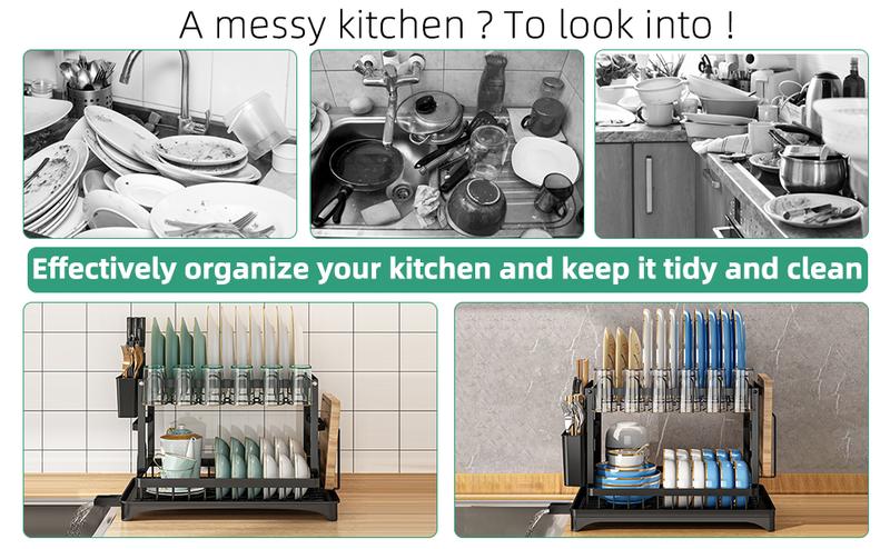 【New Year Deals】Bepatio Double-Layer Kitchen Countertop Drain Rack, Metal Material, with Drain Board, Can Hold Tableware, Carbon Steel Material, Kitchen Storage Rack