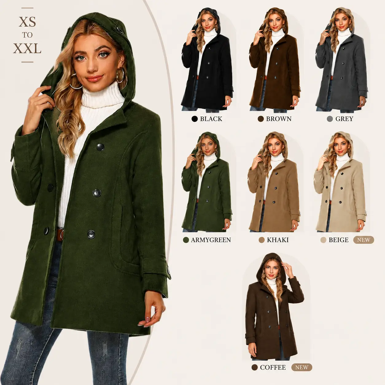 Yeokou Women's Chic Elegant Hooded High Neck Double-Breasted Button Wool Blend Pea Coat, Casual Above-Knee Long-Sleeve Outerwear Jacket with Pockets, Lady, Dating, Holiday, Work