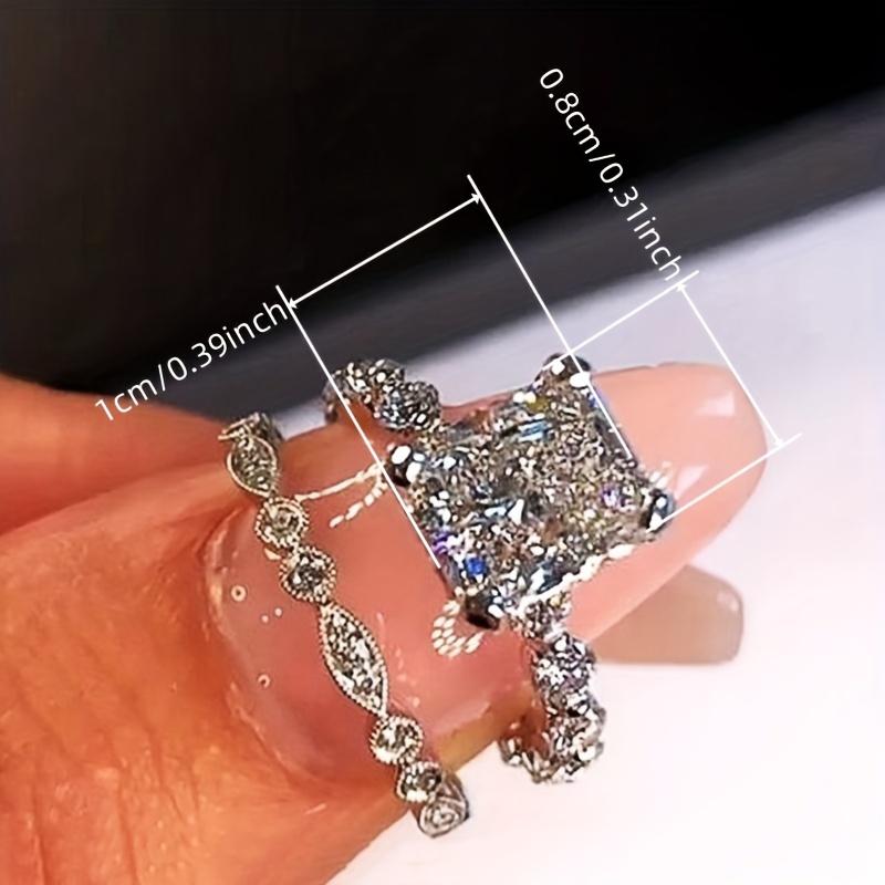 2Pcs/Set Shiny Zirconia Rings for Women - Delicate Square Cut, Bridal Wedding Ring Set Luxurious Women Rings Valentine's Day Gift Set