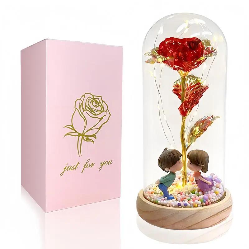 Valentine's Day Gold-Plated Rose Set - AA Battery-Powered Indoor Night Light with Wooden Base, Glass Dome, Couple Figurines, Multicolored Foam Balls, Gift Boxed Love Gifts for Romantic Bedroom Accessories, Boyfriend