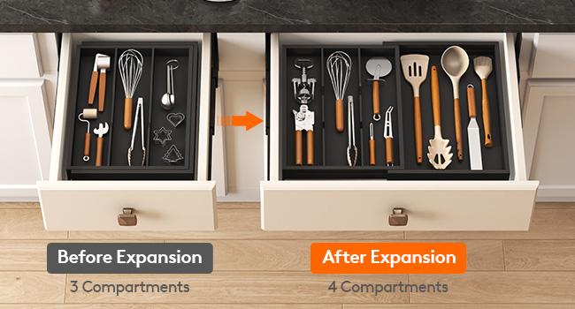 Lifewit 4 Compartments Bamboo Utensil Drawer Organizer, Expendable Cooking Silverware Tray for Kitchen Drawer