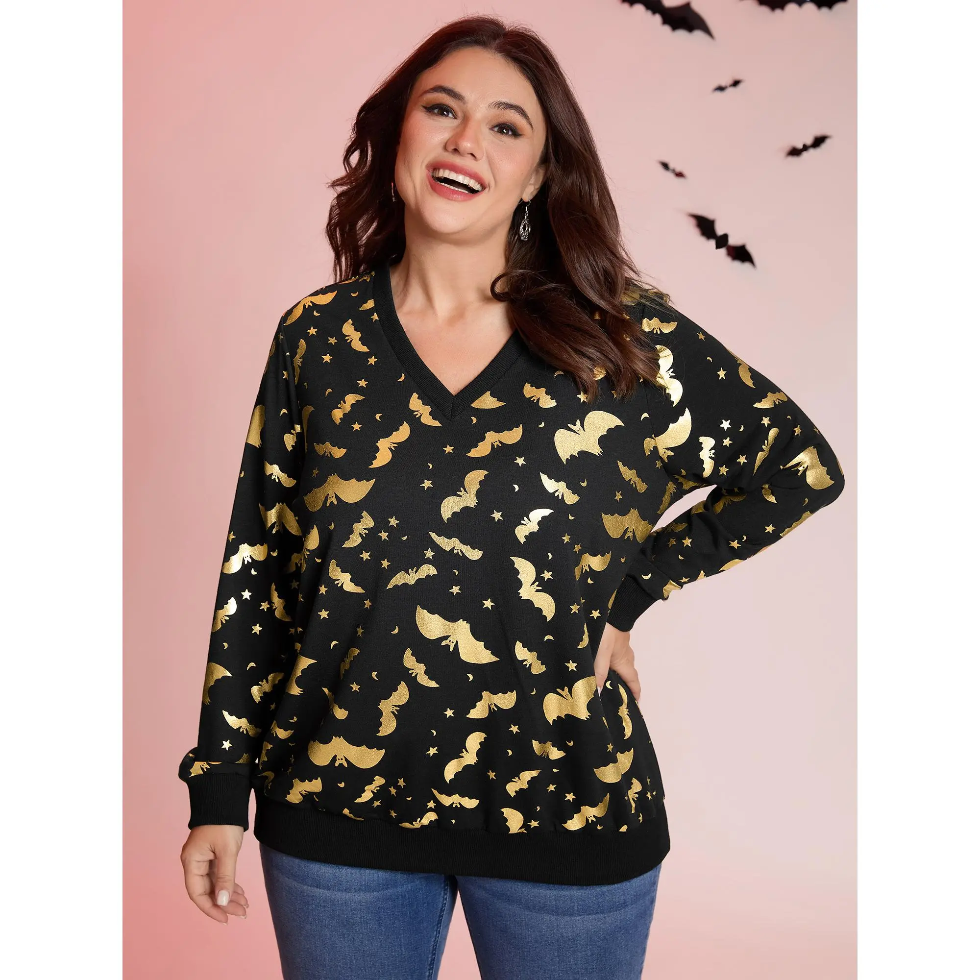 BloomChic Women's Halloween Gold Bat Print Stretchy Smooth Cotton Sweatshirt, V-Neck Long Sleeve Pullover Leisure Top, Fabric, Garment, Tops, Halloween Theme, Spandex, Lady, Fit, Casual Wear, Regular, Graphic, Machine Washable