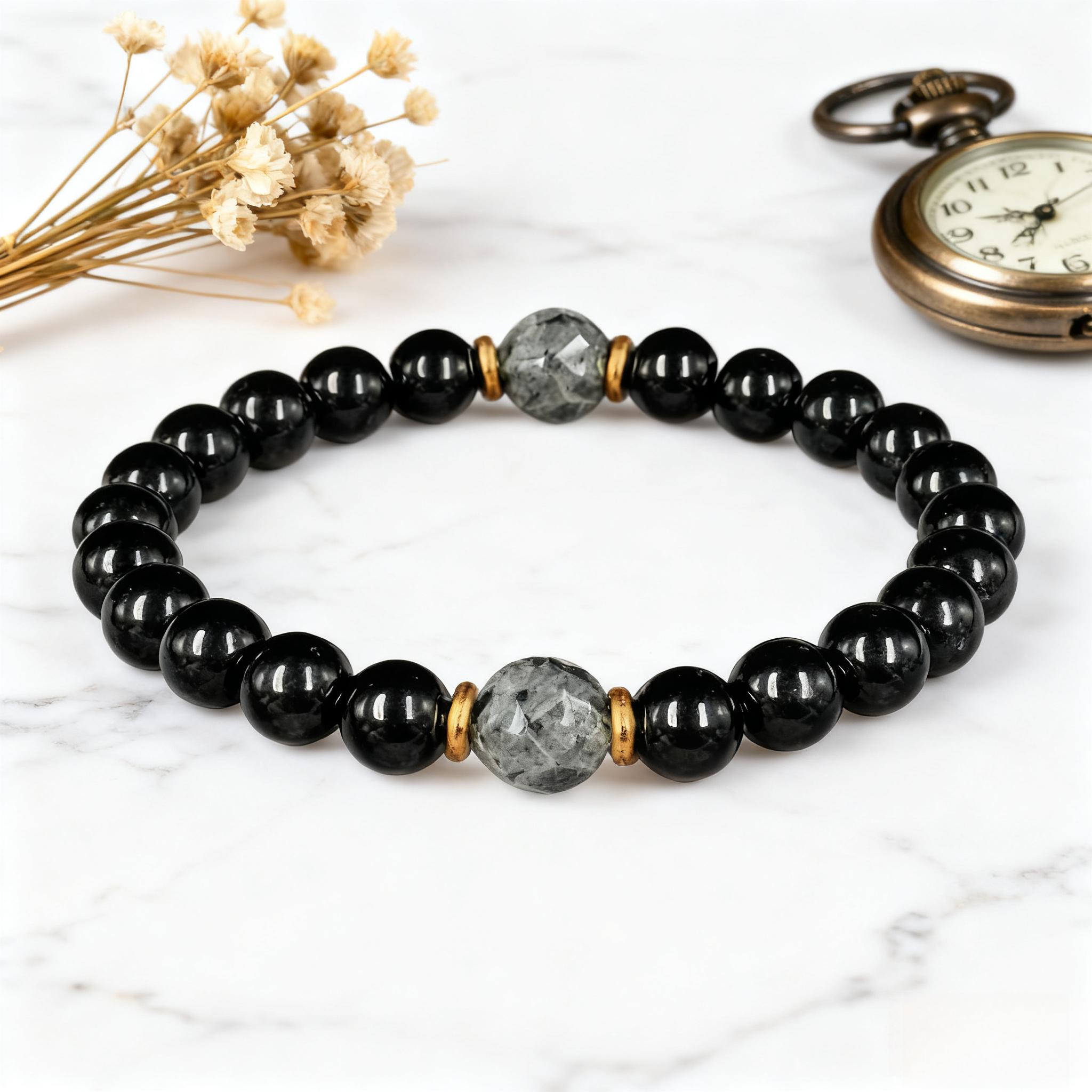 Obsidian & Black Tourmaline Bracelet - Manifestation & Protection Healing Crystal Beads Jewelry for Men & Women, Christmas Gift, Gifts for Mother's Day, Father's Day, Valentine's, Birthdays, Anniversary, Black Grounding Stone Beaded Bracelet