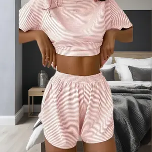 Fall Knit Stripe Pajamas Women's Loose Short Sleeve & Shorts Set 2025 Stylish Loungewear Wearable Outdoors Versatile side split short