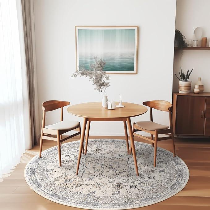 Vintage Round Rug Boho Round Rugs for Living Room Non-Slip Washable Ultra-Thin Large Circle Rugs Soft Low Pile Rug for Bedroom Kitchen