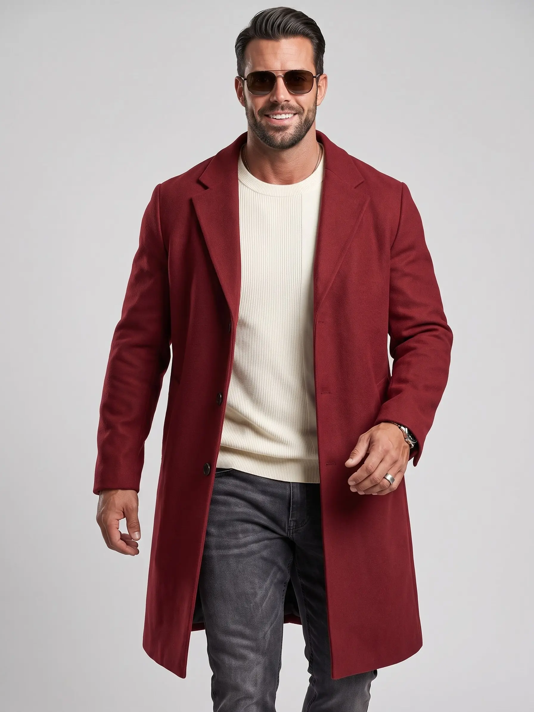 KZZ Men's Classic Midi Button-Up Coat, Casual Solid Warm Long-Sleeves Regular-Fit Outerwear with Easy Button Front, Lapel Neck for Fall & Winter Daily Wear, Casual Outfit Boost,clothes for back to school,first day of school outfits