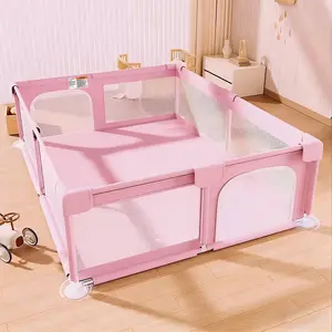 Baby playpen, made with soft, breathable mesh fabric, suitable for indoor and outdoor use. Features a play center with a door and a portable play area, ideal for infants and toddlers. Available in black.kid activity center