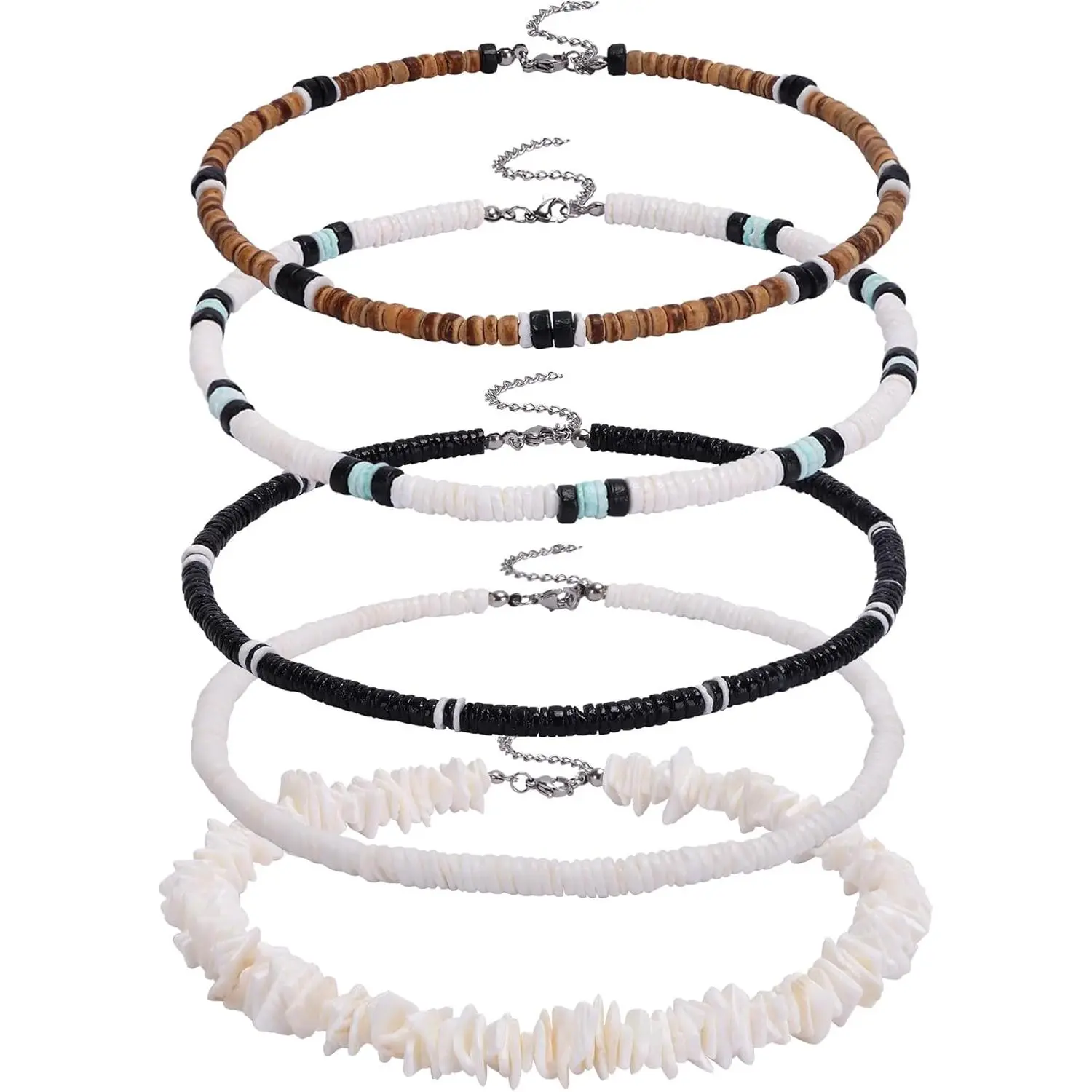Unisex 5-Piece Handmade Beaded Necklace Set with Alloy Chain, Unique Seashell Mix & Coconut Beads, Beach Fashion Costume Jewelry Gift, Modern Versatile Accessories