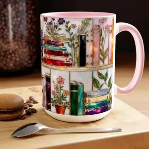 [Sale Up To 30%] Stained-Glass Style Floral Bookshelf Mug, Book Lover Gift, Bookish Mug, Library Cup