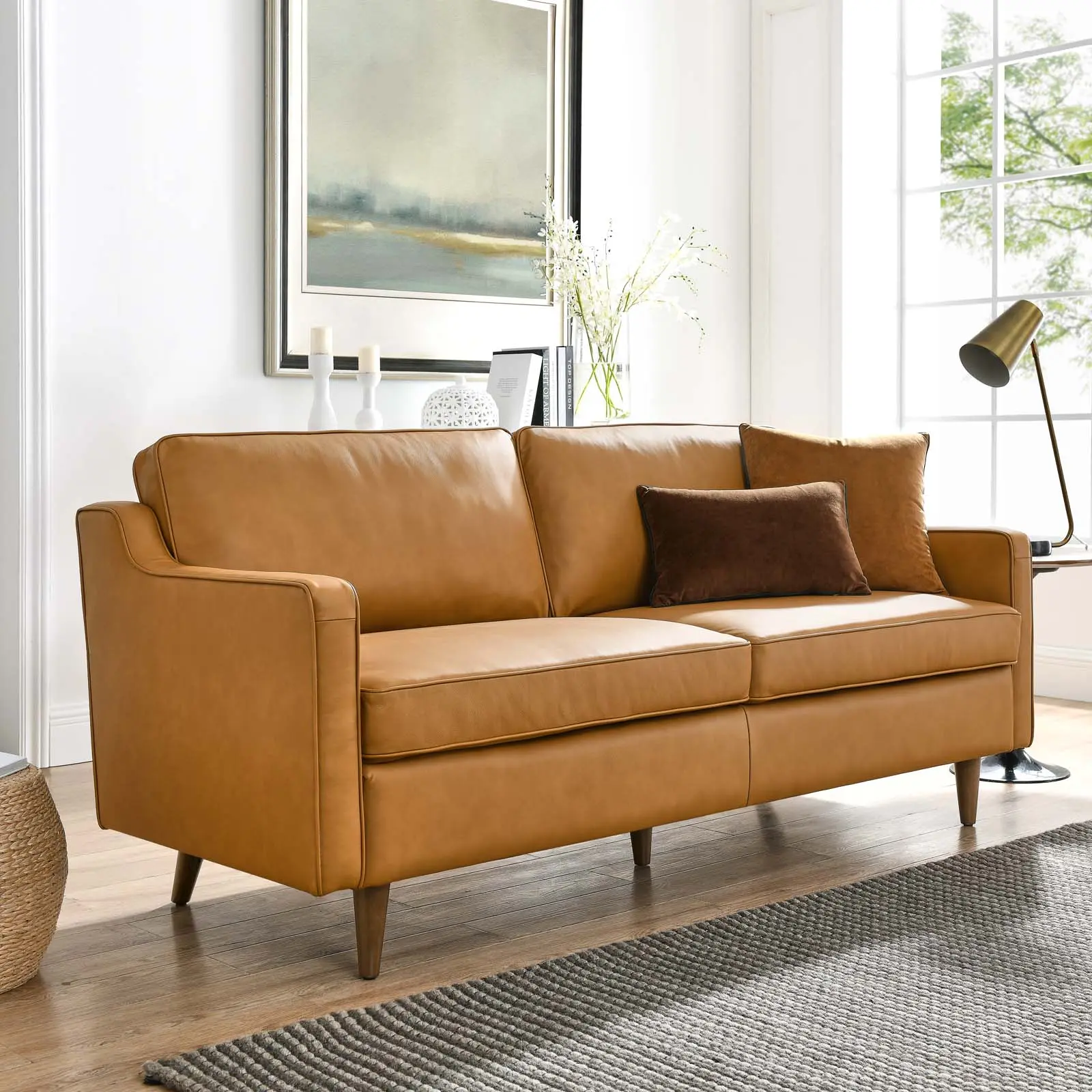 Modway Impart Genuine Leather Living Room Sofa - Tan Modern Comfy Mid-Century Couch, Upholstered Indoor Furniture for Living Room Decor, Home Office, Entryway, Minimalist Lifestyle