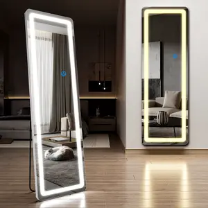 XRAMFY Floor Mirror Stand Mirror Full Length with LED Lights Dimming 3 Color Lighting Aluminum Alloy Thin Frame for Bedroom Dressing Room Decor