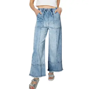 Shewin 2026 Spring/Summer Women's High Waist Wide Leg Jeans Casual Stretch Denim Pants with Drawstring Waist and Pockets for Daily Wear