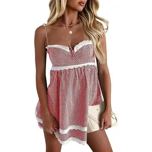 Wenrine  Women's Summer Mini Dress Spaghetti Strap Sweetheart Y2K Plaid Lace Trim Tiered Beach Sundress Dresses