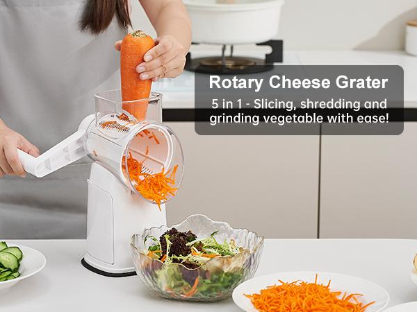 UFORU 5-in-1 Rotary Cheese Grater & Vegetable Chopper with Suction Base, 10 Stainless Blades & Safety Handle - for Cheese, Vegetables, Fruits & Shredding Chicken