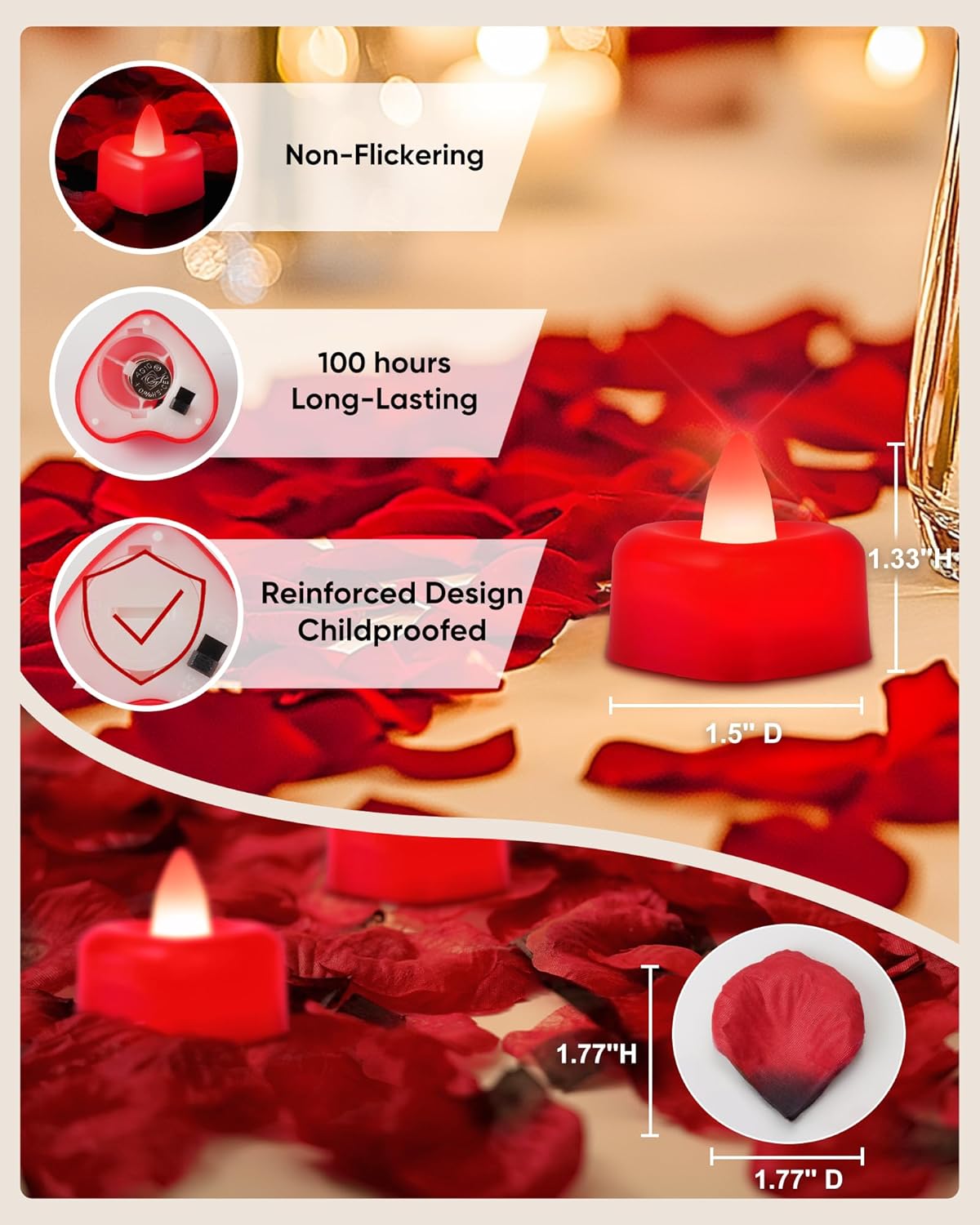 2000 Pieces Red Artificial Rose Petals with 24 Red Heart LED Tea Lights, Rose Petals and Candles Set for Proposal, Anniversary, Romantic Night, Valentine's Day Kit Wedding Decor