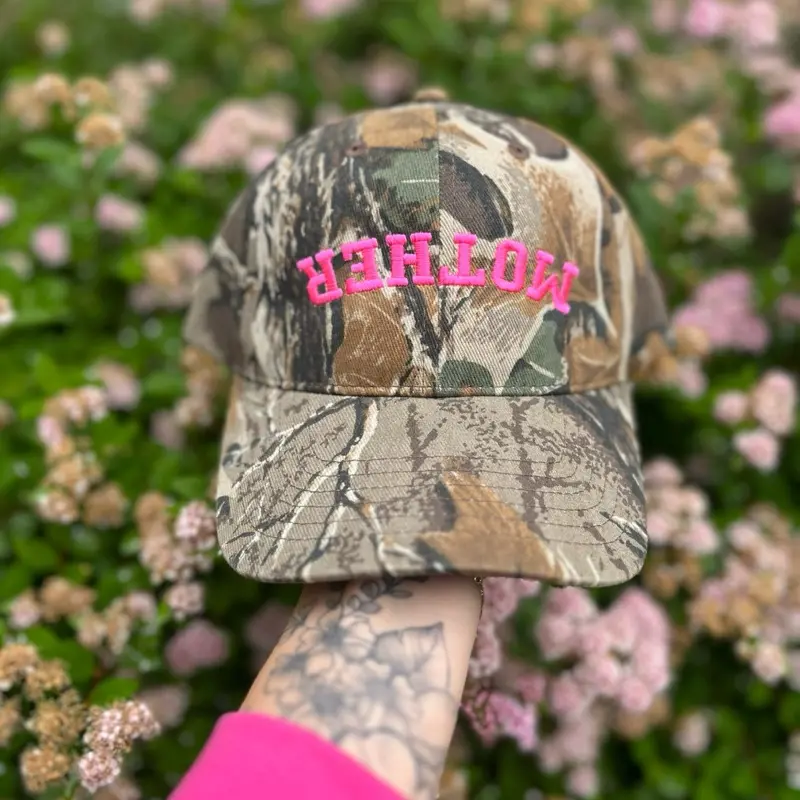 MOTHER Camo Hat with Pink Embroidery - Camouflage Design and Word "MOTHER"