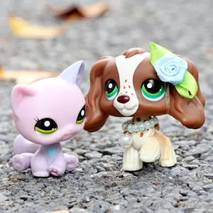 2 Pcs Cute Big-Eyed Spaniel Dog & Pink Cat Figurines Hand Painted Mini Animal Collectible Toys Kids Birthday Gift Set