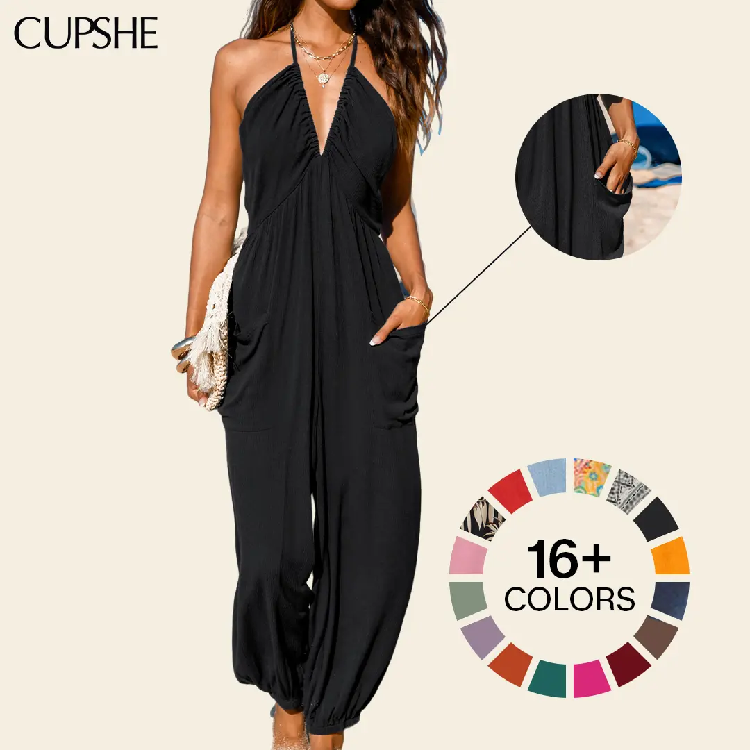 CUPSHE Women's Sleeveless Plunge Halter Wide Leg Jumpsuit, Lightweight Rayon, Adjustable Strap, Pockets, Womenswear Tropical Print, Beach Outfit, Summer 2026, Jumpsuit, #summerfinds