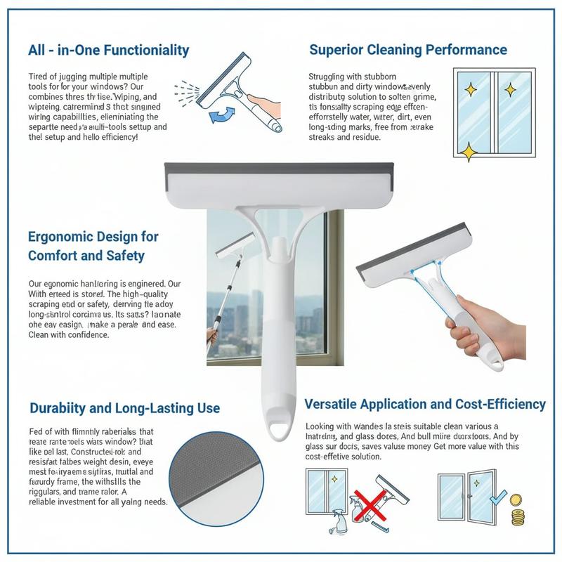 Multi Surface Squeegee and Glass Cleaning Tool with Microfiber Pad for Showers Windows Cars and Mirrors White Double-Sided Structure for Efficient Cleaning