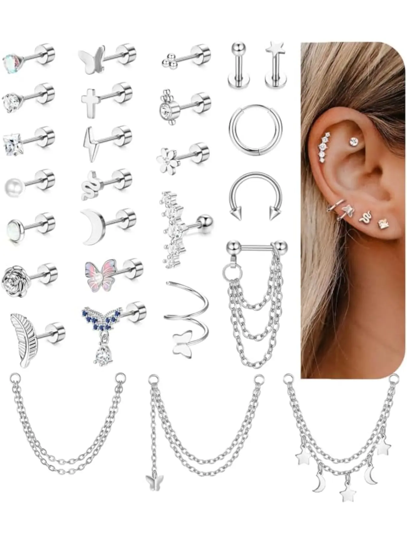 27 Pcs Helix Piercing Earrings Hypoallergenic Surgical Steel Earrings for Women Men Small Cz Flat Back Earrings Cartilage Helix Hoop Chain Piercing Tragus Earring Piercing Jewellery, Butterfly Earrings, Earrings Set, Earrings Jewelry