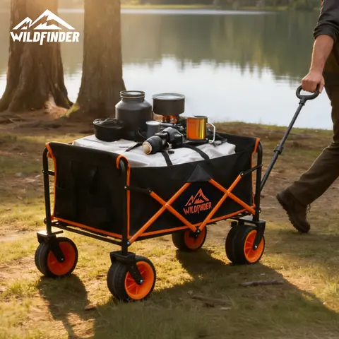 WildFinder Collapsible Folding Wagon - Steel Garden Cart for Gardening, 330 lbs Capacity, 33"x20"x15", All-Terrain Wheels, Tear-Resist Oxford Removable Liner, 360° Tight Turns, Beach-to-Garden Use, Black & Orange