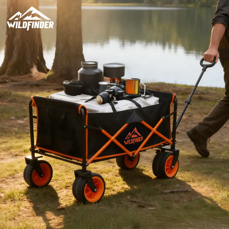WildFinder Collapsible Folding Wagon - Steel Garden Cart for Gardening, 330 lbs Capacity, 33"x20"x15", All-Terrain Wheels, Tear-Resist Oxford Removable Liner, 360° Tight Turns, Beach-to-Garden Use, Black & Orange
