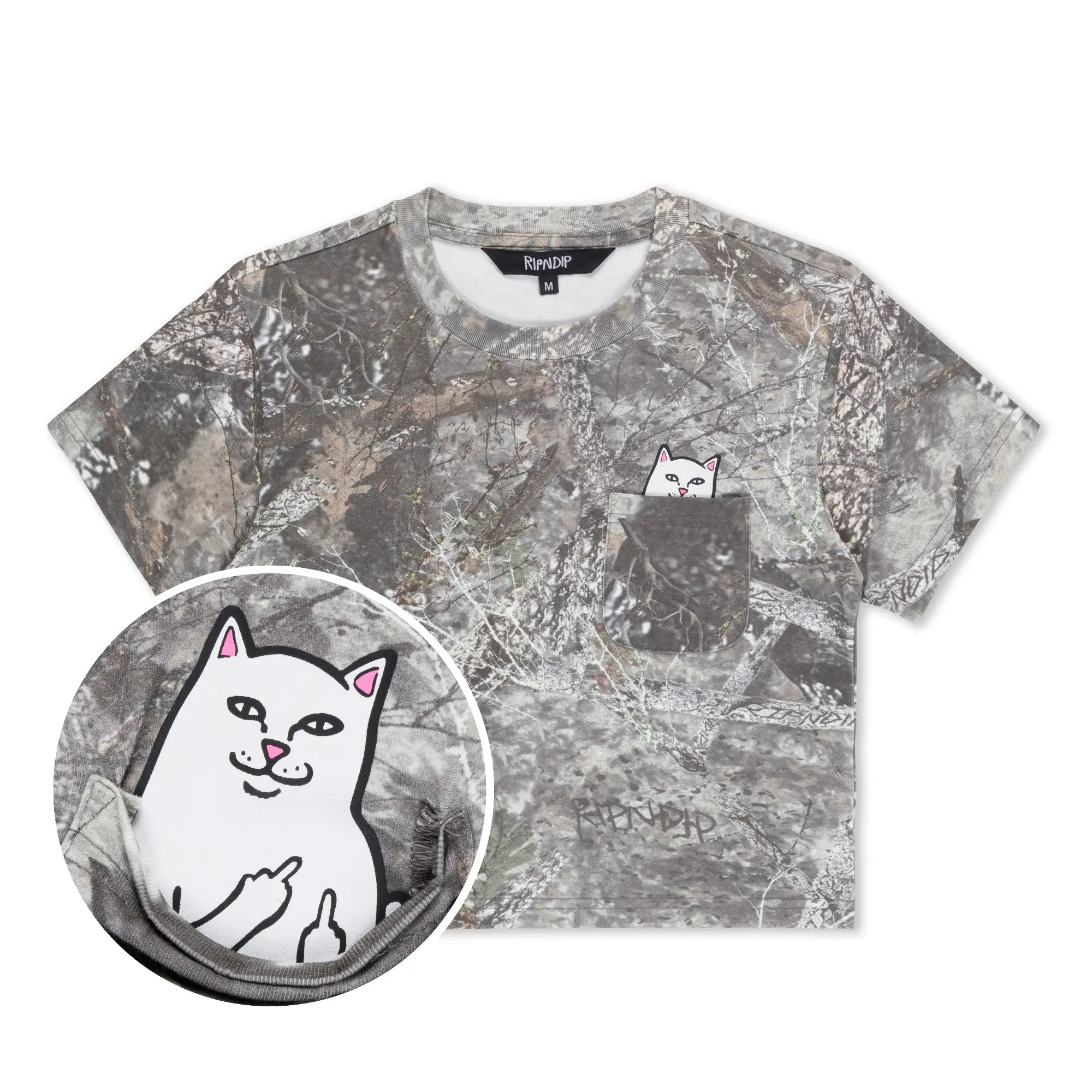 Women's Lord Nermal Graphic Cropped Pocket Round Neck Short-Sleeve Cotton T-Shirt - Nerm Tree Camo, Baby-Friendly Top, Women's Shortleeve Crop Clothes, Casual Womenswear Tee