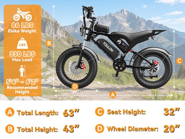 YOULON Electric Bike for Adults 1500W Peak 20" Fat Tire All-Terrain E-Bike 30 MPH Electric Dirt Bike for Road Sand Mountain Snow - 48V 20 AH Battery Powered Electric Motorcycle, Full Suspension E Bike