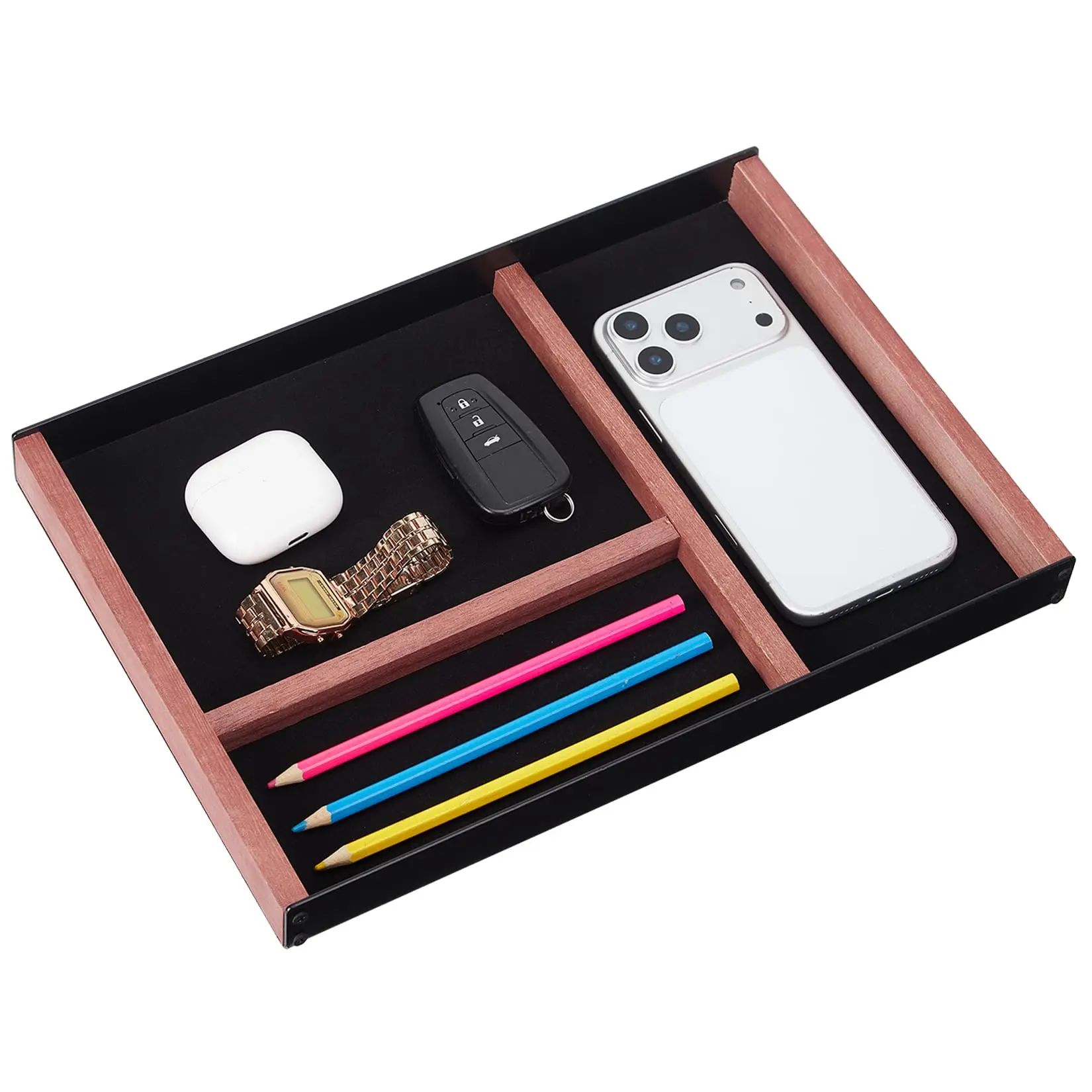 GAOMON Compact 3-Compartment Iron & Wood Desk Caddy Tray - Modern Minimal Farmhouse Stationery Organizer for Pens, Keys, Phone (Black & Wood Tone) for Tabletop/Under Desk Office Use