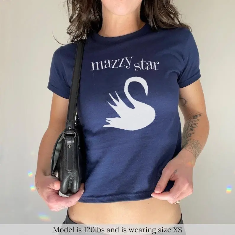 Vintage Navy Mazzy Star Band Tee for Women, Baby Tee, Swan Design, 90s Inspired Shirt, White Writing, Cool Retro Music Top, Alternative