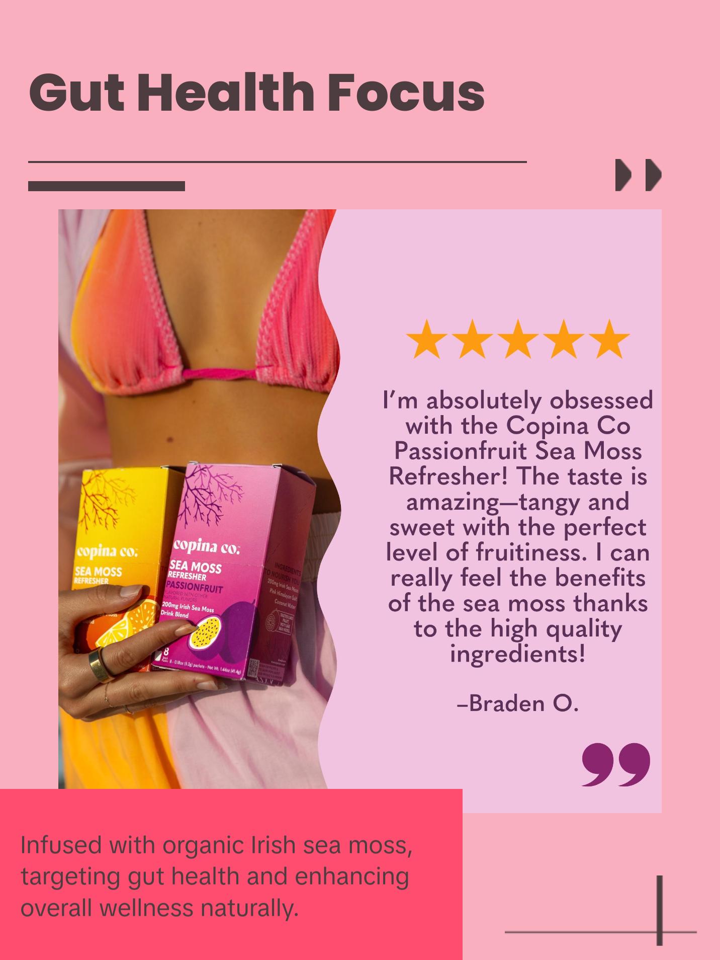 Copina Co. Passionfruit Sea Moss Drink - 8 Stick Packs 5g Each - Organic Irish Sea Moss Powder - Vegan Superfood Drink for Gut Health and Immunity - Hydration and Energy Boost with Organic Sea Moss