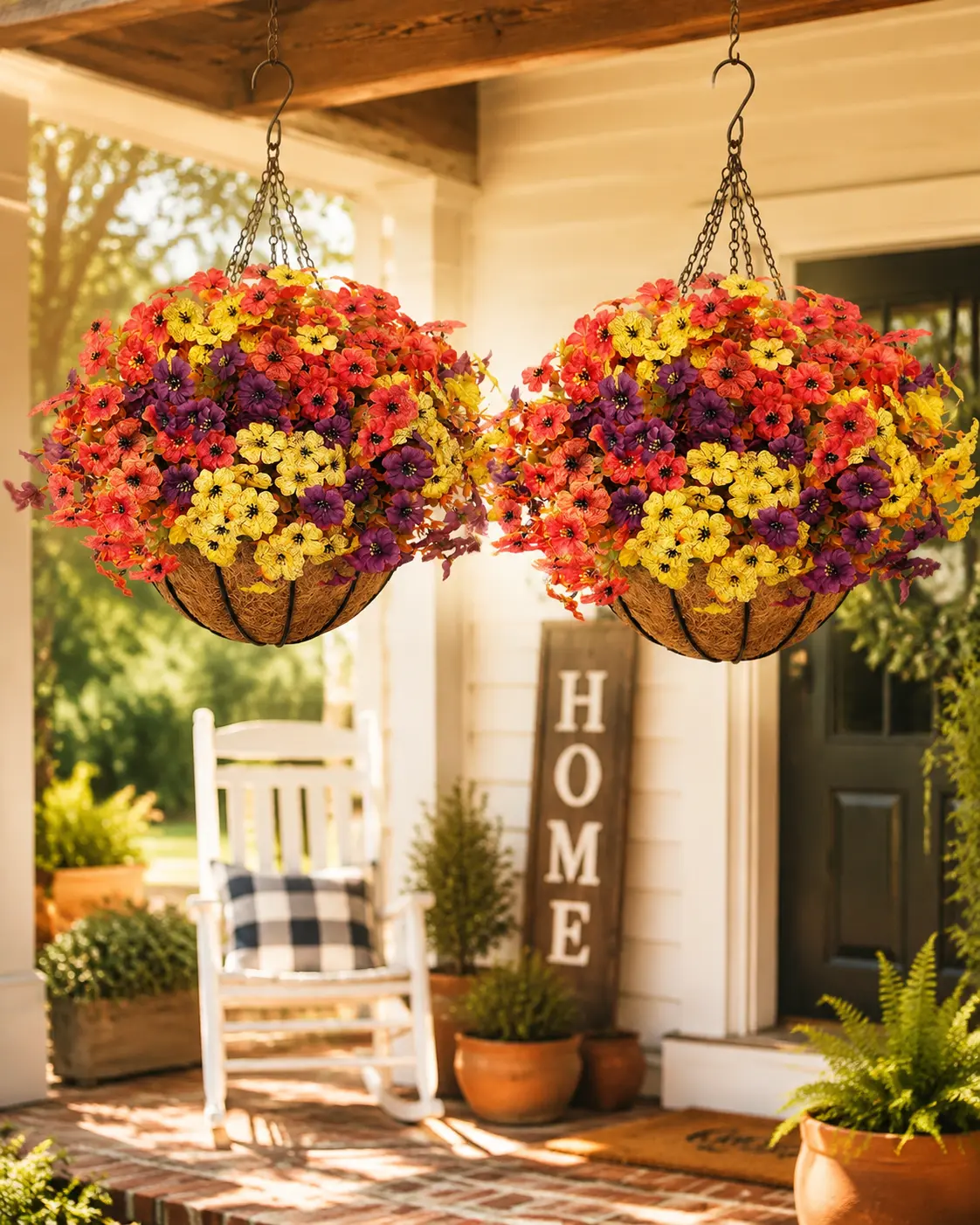 2pcs UV Resistant Artificial Outdoor Hanging Planters Flower Baskets with 24 Realistic Daisies Decorative Bouquet, Indoor Fall Decor for Porch, Patio Outdoor Hanging Planters