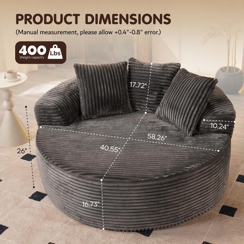 【3 Packages Shipping】Ovios 104" Modular Couch with Chaise and 59" W Oversized Round Sofa Bed - L-Shaped Sectional Sofa Set with Flexible Configuration, Plush Corduroy Cloud Velvet Fabric,No Assembly Required, 5 Seater