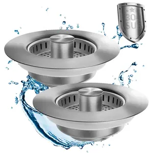 Enhanced 3 in 1 Kitchen Sink Drain Strainer Stopper Brushed Stainless Steel SUS 304 Pop Up Design for 3-1/2 Inch Drains Prevents Clogs and Odors Shower