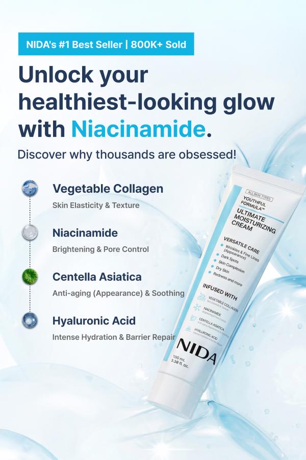 NIDA Youthful Formula Ultimate Moisturizing Cream (100mL) / Collagen, Niacinamide, Centella Asiatica, Hyaluronic Acid / Wrinkles, Dark Spots, Skincare Hydrating Daily Moisturizer Moisture Hydrate NIDA Youthful Formula Ultimate Moisturizing Cream (100mL) / Collagen, Niacinamide, Centella Asiatica, Hyaluronic Acid / Wrinkles, Dark Spots, Skincare Hydrating Daily Moisturizer Moisture Hydrate