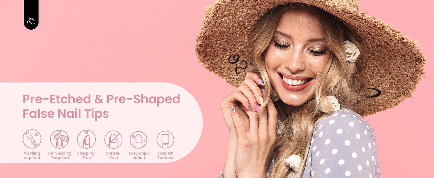 Beetles Gel Nail Kit with Nail Dehydrator and Primer, 576Pcs Half Matte Etch-X Gel Nail Tips Solid Nail Glue Mini Nail Lamp Acrylic Nail Tips Easy DIY Nail Extension Set Gift for Women