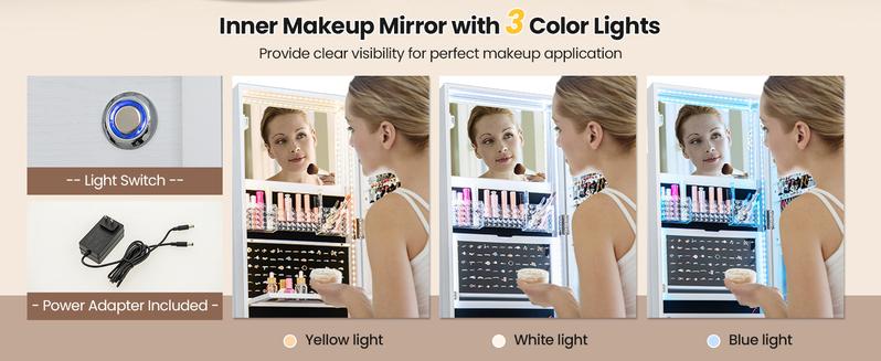 [Valentine’s Day Gift] COSTWAY 360° Swivel Jewelry Armoire with Full Length Mirror, Rear Storage Shelves, Lockable Standing Jewelry Cabinet Organizer with Interior Vanity Mirror and 3-Color Lights, Christmas Festival Gift Black Friday Cyber Monday