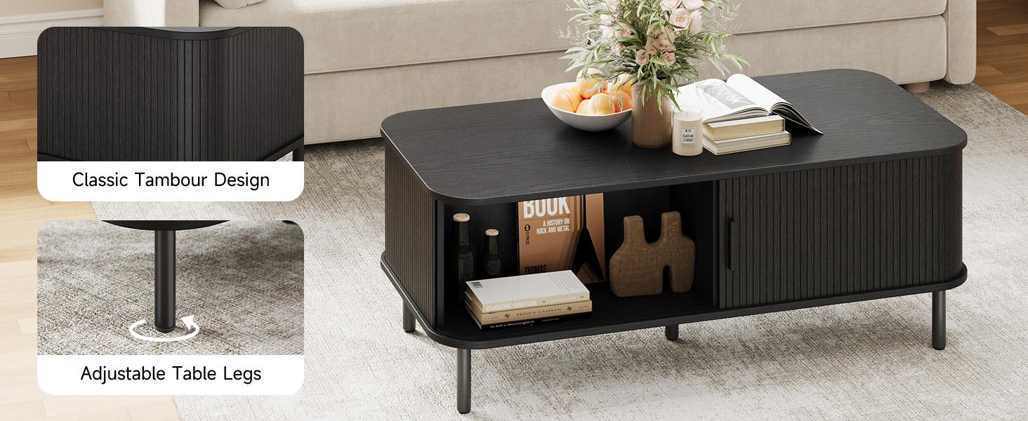 【SPOTLIGHT DAY】ONBRILL Fluted Coffee Table with Storage,47.2" Modern Coffee Tables with Sliding Door, Rectangle Wood Center Table with Adjustable Leg for Living Room, Black