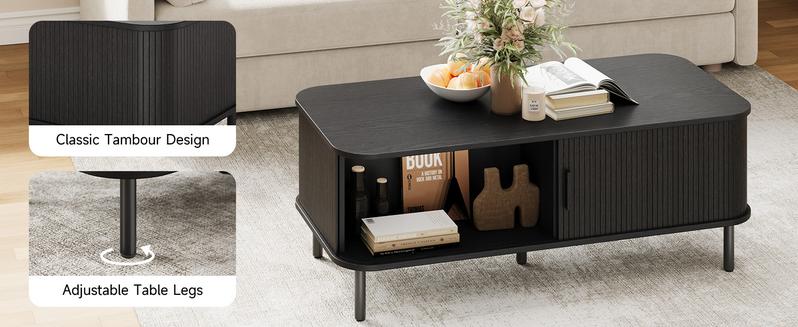【Valentine's Day gift】ONBRILL Fluted Coffee Table with Storage,47.2" Modern Coffee Tables with Sliding Door, Rectangle Wood Center Table with Adjustable Leg for Living Room, Black